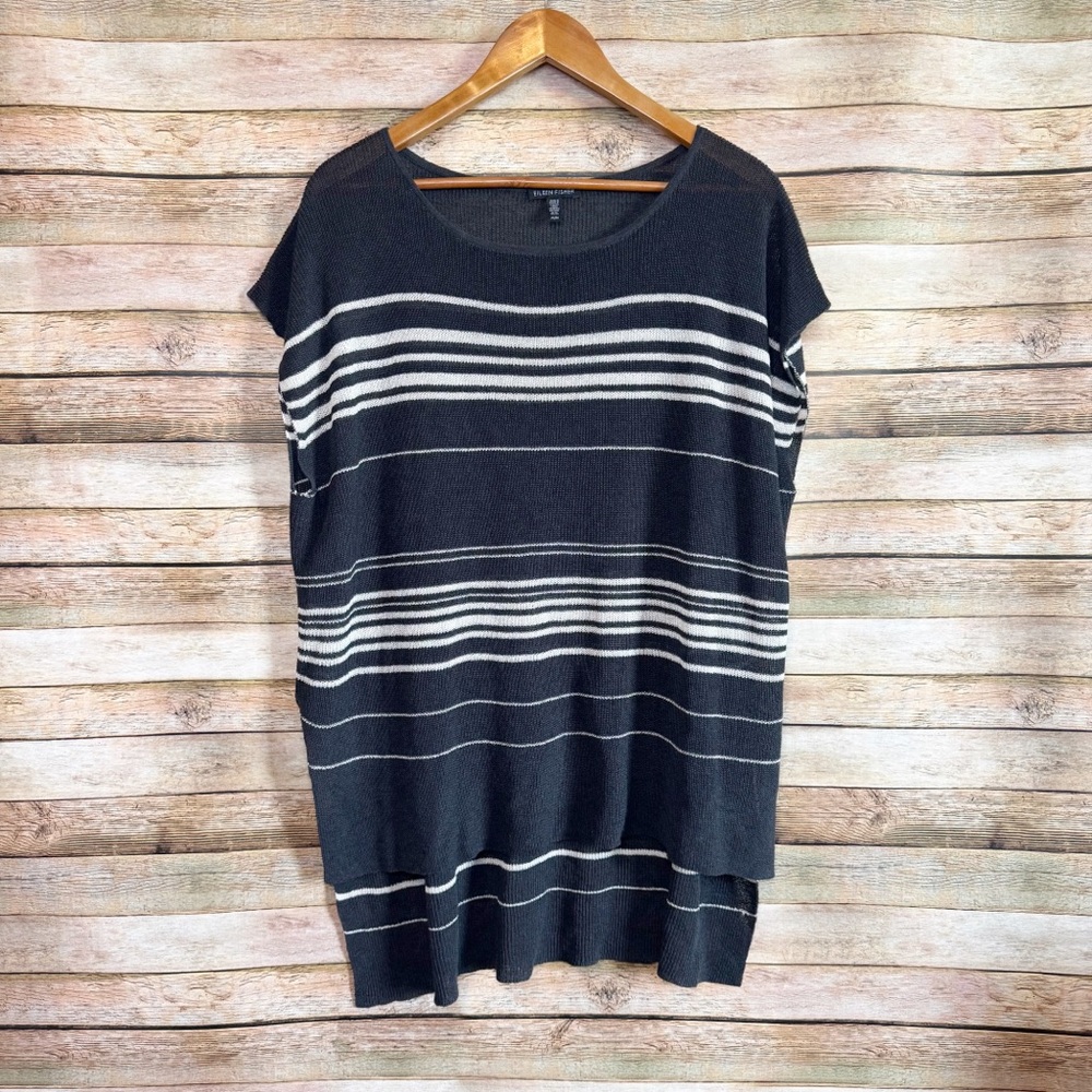 Eileen Fisher Gray White Striped Linen Open Knit High Low Sweater Top Size M